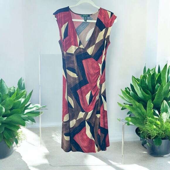 Lauren Ralph Lauren Faux Wrap Midi Dress – Abstract Geometric Print – Size M - Picture 1 of 7